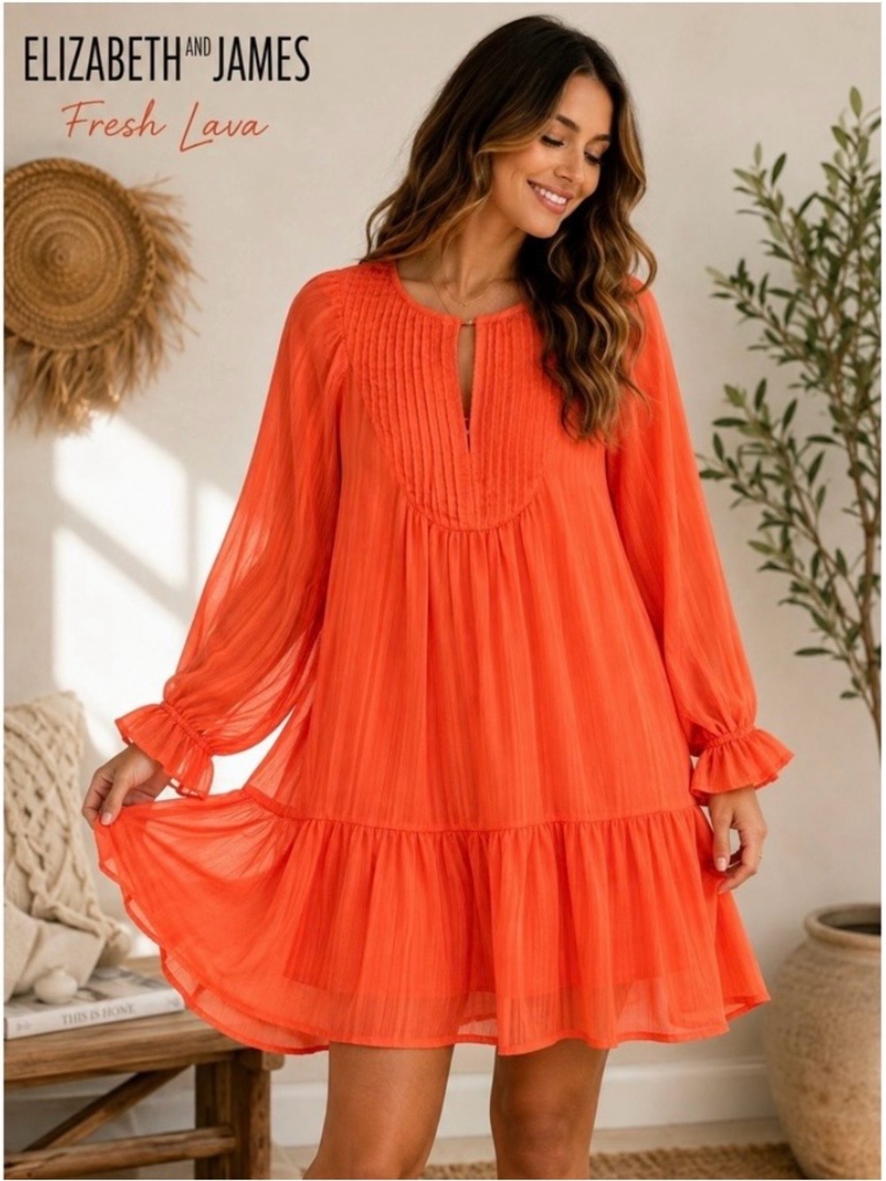 Elizabeth and James Fresh Lava Orange Pintuck Peasant Dress Boho Ruffle
